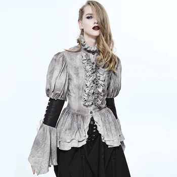 

Devil Fashion Women Palace Noble Double Layer Ruffles Flare Sleeve Blouses Retro Lace Collar Party Evening Shirt