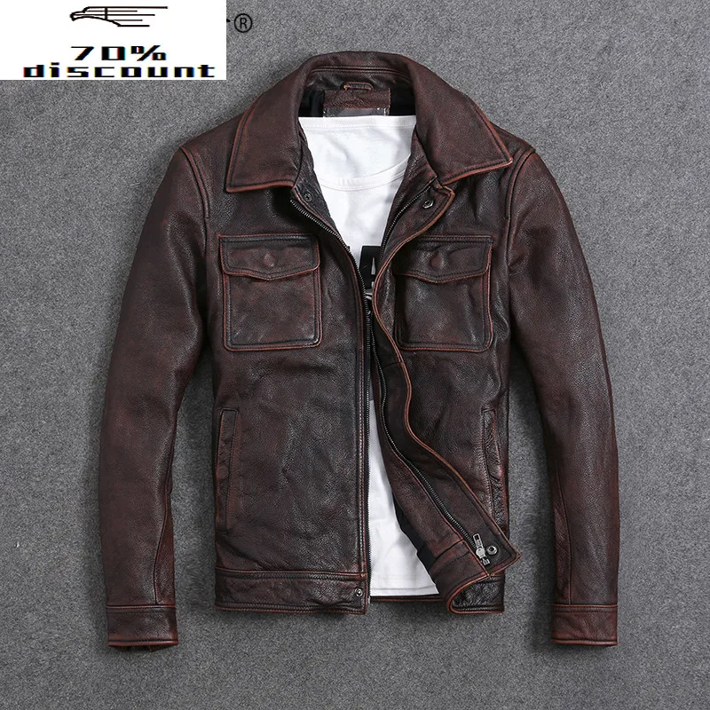 

Vintage Genuine Cow Leather Jacket Men Plus Size Cowhide Leather Coat Slim Short Jacket Veste Cuir Homme L-Z-24 YY2366