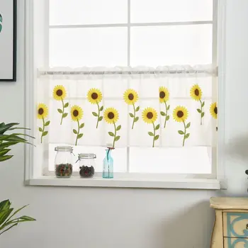 

Pastoral Style Short Sheer Flower Curtains Window Sunflower Embroidered Washable Gauze Curtains Panels For Kitchen Balcony Decor