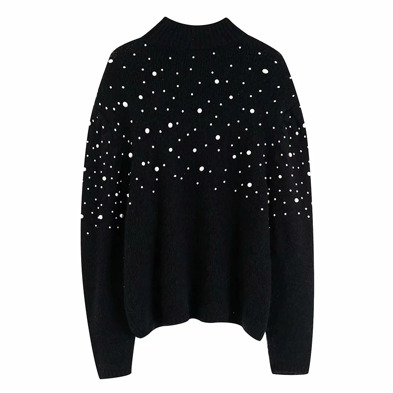 Новинка, пуловер, Осенний женский свитер, вязаный повседневный черный джемпер с круглым вырезом и длинным рукавом, свободные женские свитера с бисером