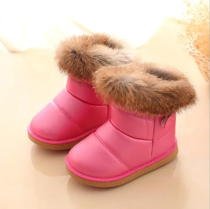 rose Children Casual Boots Rabbit Fur New Winter Boots Boys Girls Shoes Fashion Leather Soft Warm Snow Boots EU 21-30 - Цвет: rose