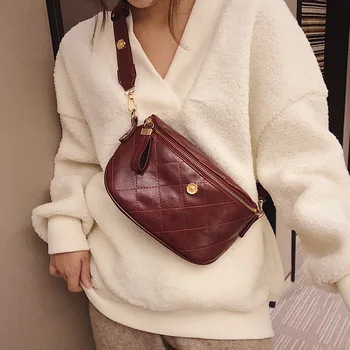 

Leather Fanny Pack Women Waist Bag Fashion Plaid Retro Brown Ladies Belt Bag Black Waist Pack High Quality Banana Chest Bag Belt