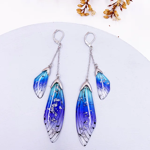 Fairy Resin Butterfly Earrings for Women Shining Crystal Flake Double Wing Long Drop Earrings Ladies Wedding Party Jewelry 2020 SF-Blue