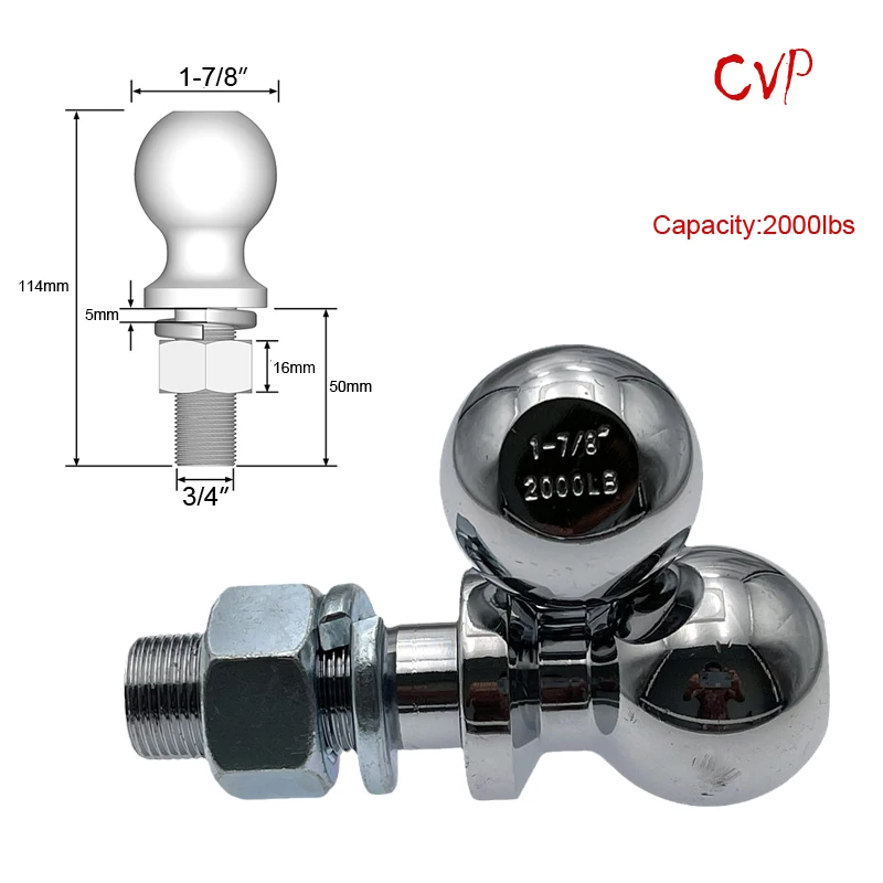 Chrome Tow Ball 1-7/8"(47.6mm) 3/4" Shank dia. Trailer Hitch Towball Capacity 2000lbs RV Parts Car Camper Coupling Accessories