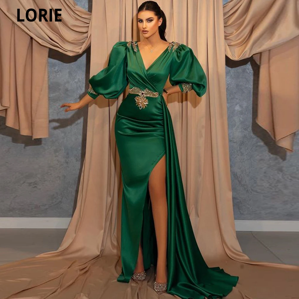 LORIE High Quality Green Prom Dresses Puff Sleeves V-neck High Side Slit Formal Evening Gowns Long Wedding Party Dress Vestidos