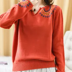 Национальный стиль Вышивка пуловер свитер для женщин Мягкое хлопковое полотно V шеи свитера женский длинный рукав женский полувер