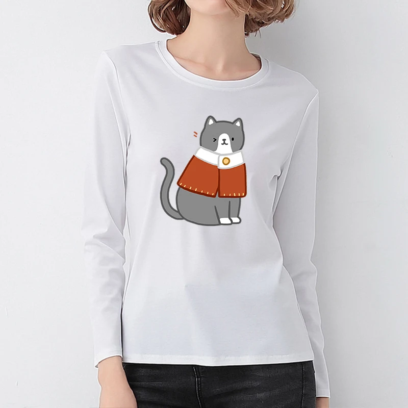 2020 Зима Осень Женская Милая футболка с принтом кота белая длинным рукавом и