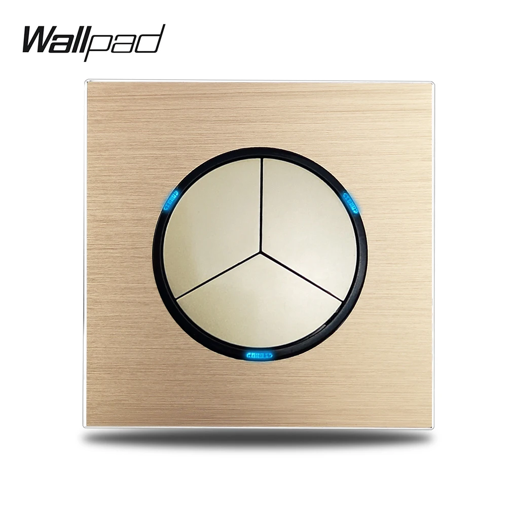 Wallpad Gold L6 3 Gang Triple Light Switch 1 Way 2 Brushed Aluminum Metal Plate Push Return Button Blue LED Indicator | Обустройство