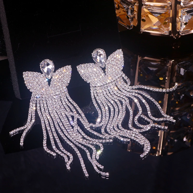 Big SPARKLY CRYSTAL CROSS Dangle 8cm Long Earrings SILVER - Foto 10