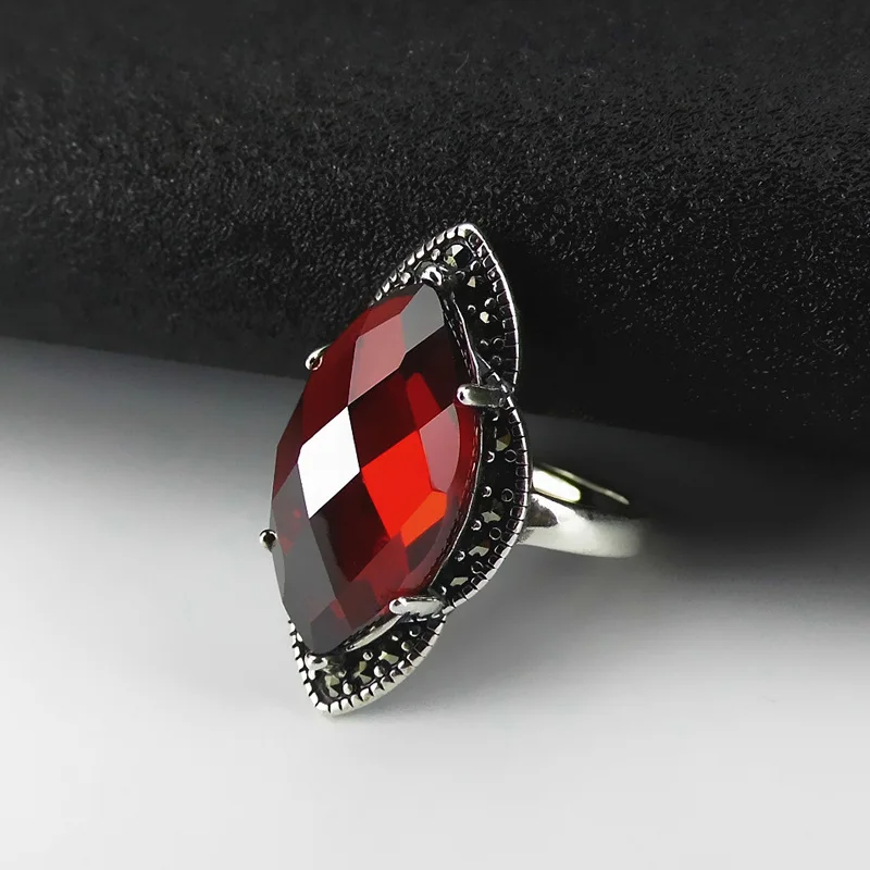 FNJ 925 Серебряное кольцо марказит Новая мода Большой Красный Циркон S925 серебро кольца для женщин ювелирные изделия регулируемый размер