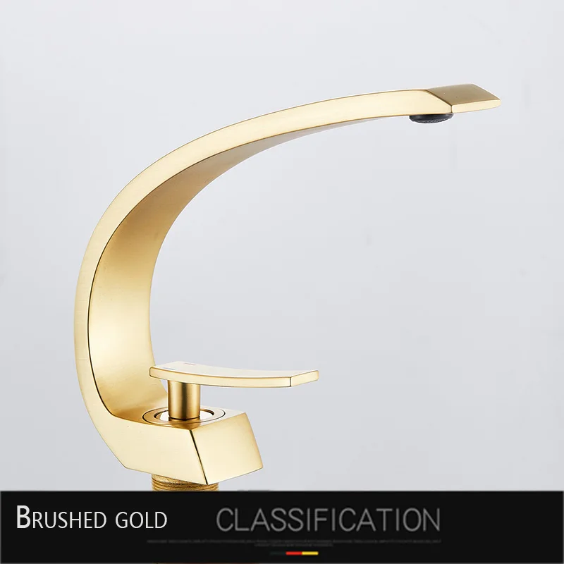 Brushed gold Черный бронзовый изогнутый кран для раковины, разноцветный современный кран для умывальника, хромированный кран с одной ручкой для ванной комнаты, Смеситель для холодной и горячей воды - Цвет: Brushed gold