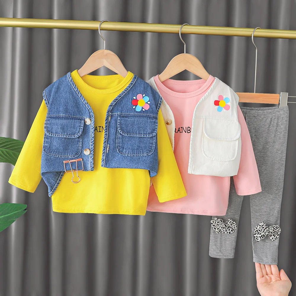 Baby Girls Clothing Sets T Shirt + Rainbow Denim Jeans Wasitcoat Vest + Skinny Legging Pants