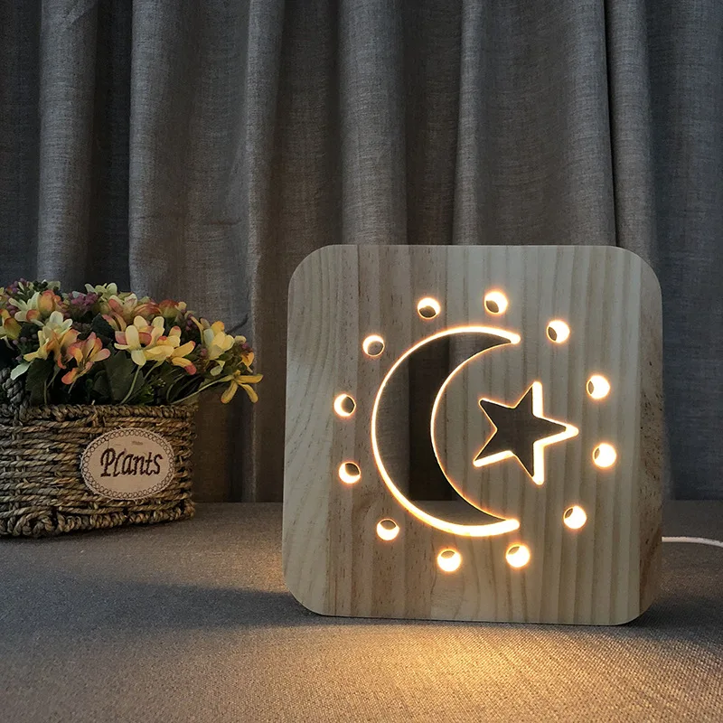 

FS-T1888 Cross Border Moon Star Lamp Customizable LED Solid Wood Small Night Lamp New Style 3D Lamp