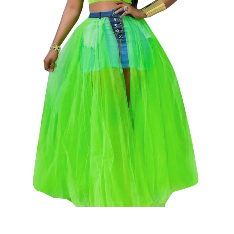 Fluorescent green Женская уличная фатиновая сетчатая юбка макси, плиссированная свинг-юбка, Свадебные вечерние Клубные Модные юбки - Цвет: Fluorescent green