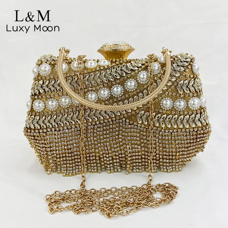 

Diamond Tassels Evening Clutch Purse Bag For Women Wedding Pearl Luxury Designer Handbag Party Dinner Chain Sac A Main X763H