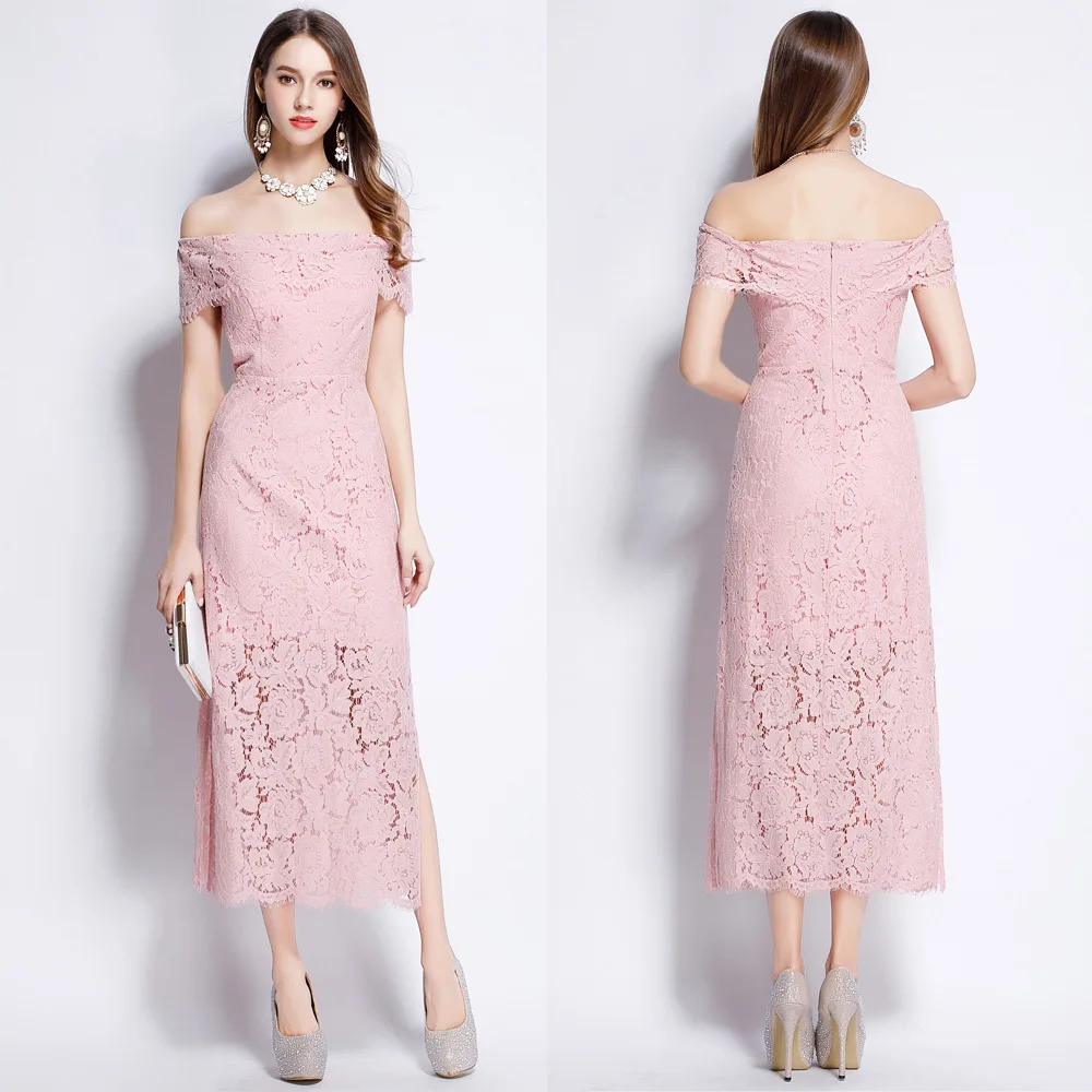 

CK6162 Spring New Style Lace Evening Gown off-Shoulder Short Sleeve Sexy Slit Banquet Evening Dress Long Dress