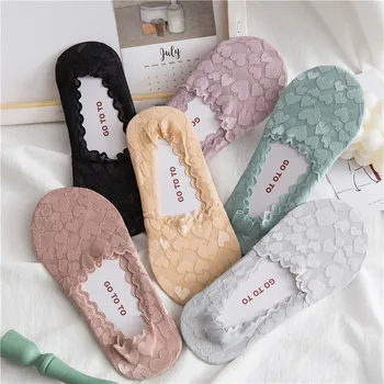 

Women Socks Slippers Summer New Fashion Invisible Socks For Women Color Cute Heart Lace Nylon Socks Female Korea Style Quality