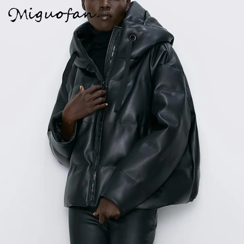 

Miguofan Hooded Parkas Faux Leather Coats Winter Women PU leather Coats Warm Black PU Elegant Zipper outwear Jackets Female