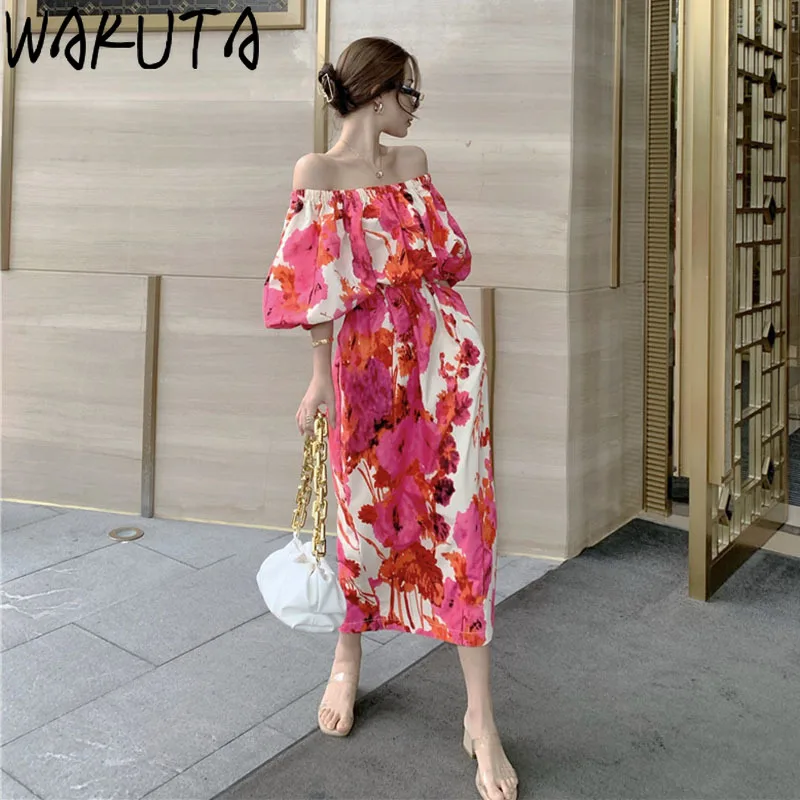 

WAKUTA Women Sexy Floral Print Midi Dress Summer New Beachwear Sundress Off Backless Puff Short Sleeve Dresses Vestidos Femme