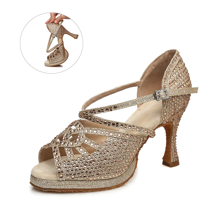 Girls Rhinestone Ballroom Dancing Shoe Women Gold Silver Bachata Salsa