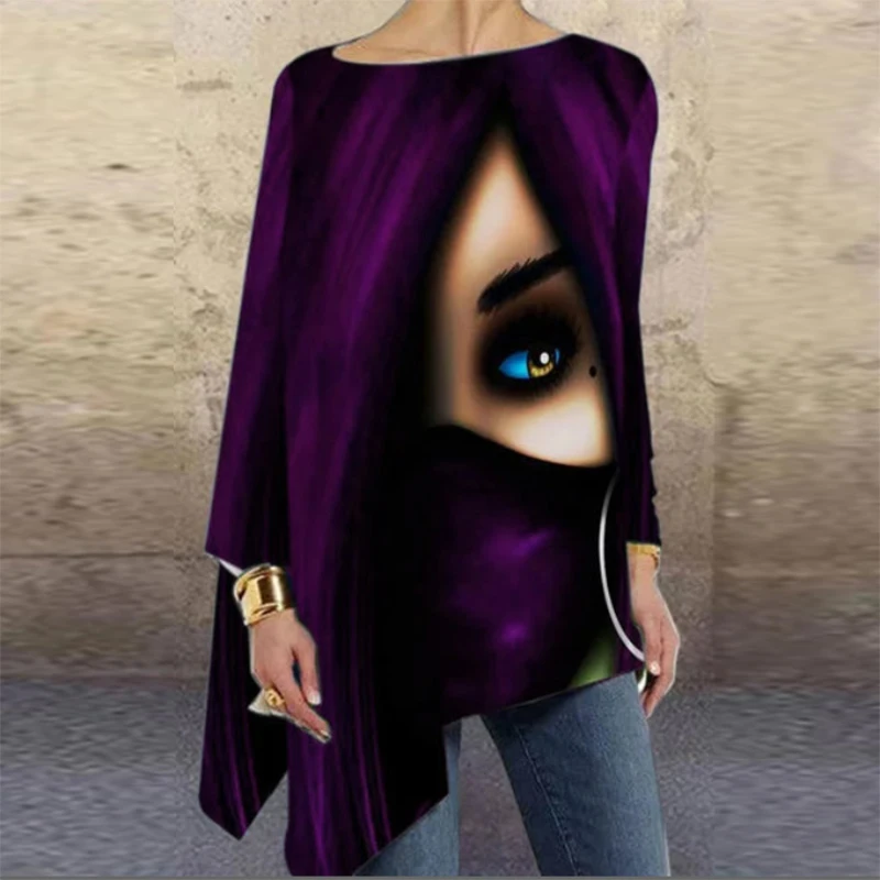 Women Irregular Face Eye Ptinted T Shirt Lady