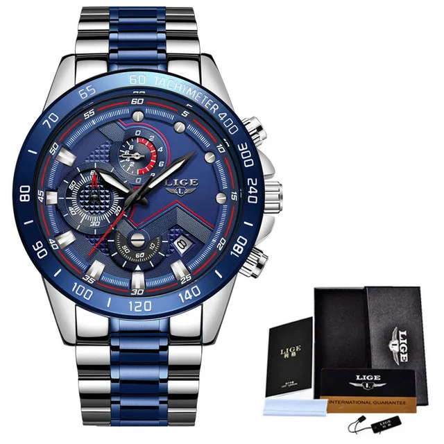 Бизнес часы LIGE мужские часы Топ бренд класса люкс водонепроницаемые часы мужские полностью Стальные кварцевые наручные часы Relogio Masculino+ коробка - Цвет: Full black