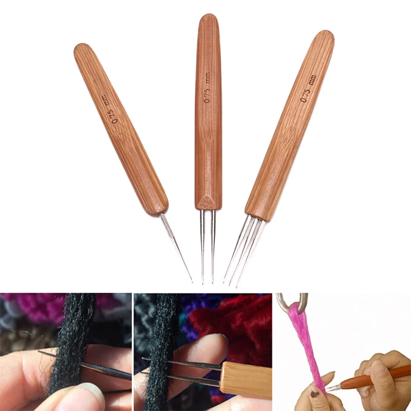 1pc/3pcs 0.75mm Wooden Dreadlock Needles Crochet Hook Soft Touch Steel Crochet Hook For Braids Dreadlock