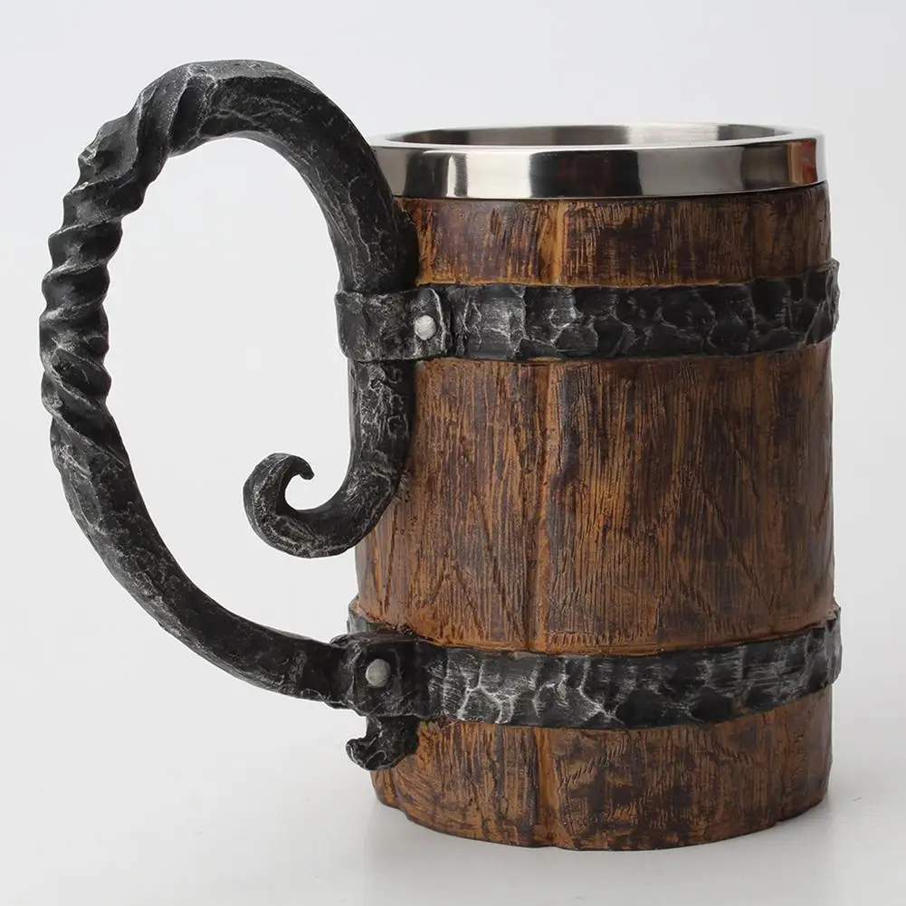 

550ml Simulation Wooden Barrel Double Layer Beer Mug Drinking Cup Drinkware Office Resin Stainless Steel Liner Drinking Cup