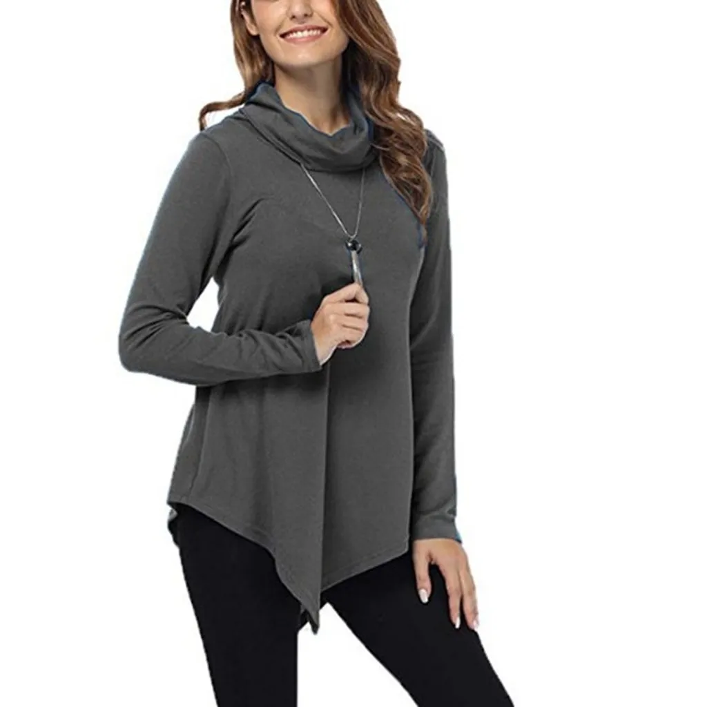 

Autumn Fashion Turtleneck Irregular Blouse Casual Loose Solid O-Neck Tops Tee Top Female Women Long Sleeve Shirt Blusa Pullover