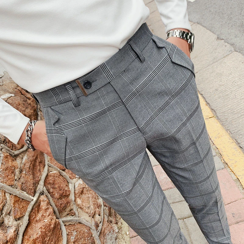 Pantalones de vestir informales a rayas a cuadros Hombre, calzas ajustadas de negocios británicos, de estilo coreano, a la moda|Pantalones de traje| - AliExpress