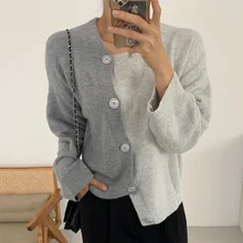 

Sister Fara Spring Autumn Chic O-Neck Loose Knit Cardigan Sweater Women's Side Oblique Buckle Sweaters Ladies Irregular Sweater