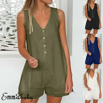 

Womens Summer Button Jumpsuit Shorts Romper V-neck Playsuit Holiday Clothes Casual Loose Sleeveless Button Mini Playsuit