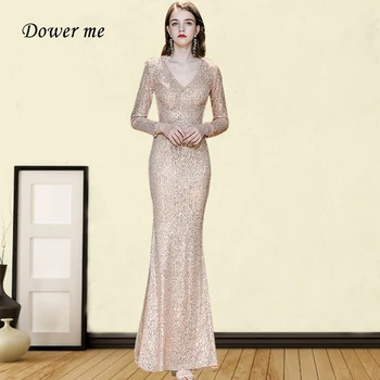 

Long Sleeves Evening Dresses GK021 V-neck Mermaid Robe De Soiree Sparkling Sequined Gold Evening Dress 2020 Long Formal Gowns