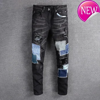 

patchwork Men's black ripped jeans Streetwear patch design stretch denim pants Slim skinny trousers