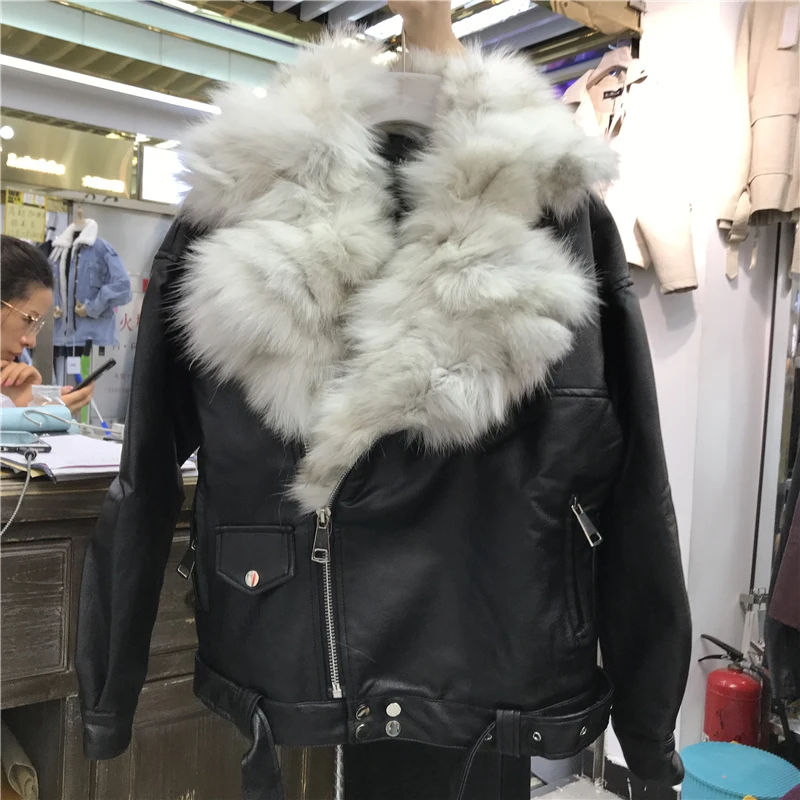 Куртка из искусственной кожи с воротником из натурального Лисьего меха, зимнее пальто с подкладкой, женское короткое кожаное пальто, женская байкерская куртка Veste Cuir Femme