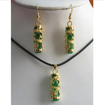 

Free shipping unique dragon inlay green cylinder natural JADE pendant & earrings sets