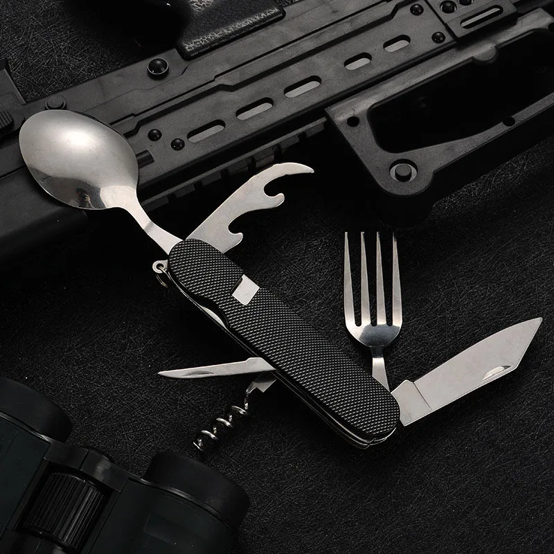 Hot sale knife and fork combination portable 6 in 1 stainless steel folding cutlery set for outdoor camping picnic travel
