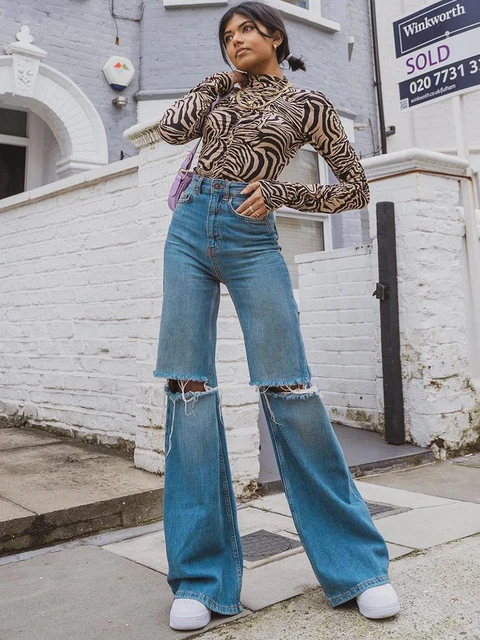 Womens Blue Ripped Jeans All Match High 
