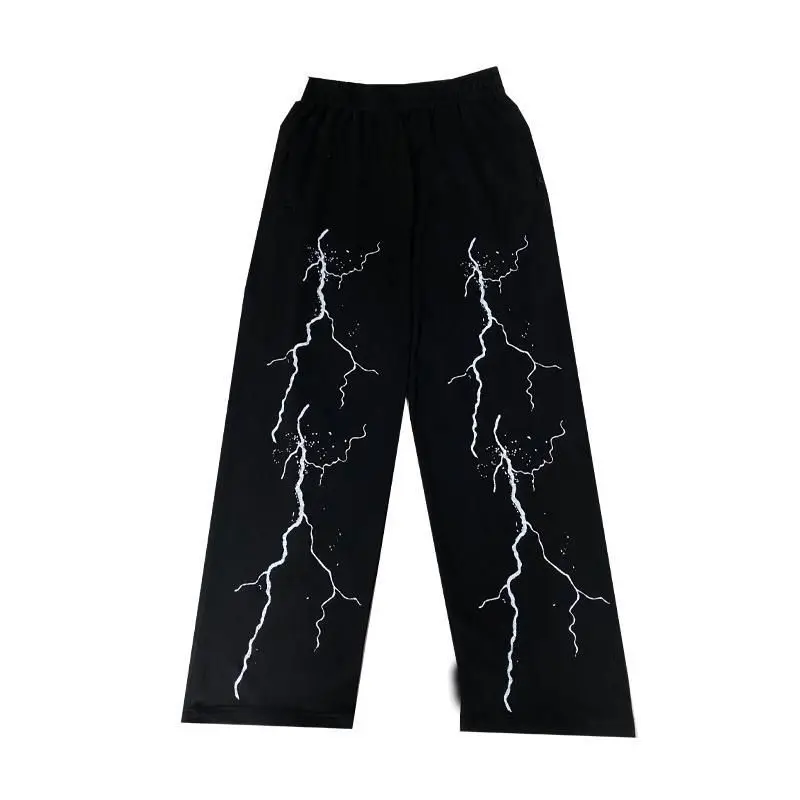 Men summer loose straight lightning print vintage sweatpants high street trousers-size male clothing wide leg pants,wide leg sweatpants