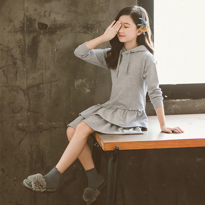 Осень, серые толстовки с капюшоном, платья для девочек-подростков, платье с оборками, повседневные однотонные зимние платья, детская одежда 6, 8, 10, 12 лет