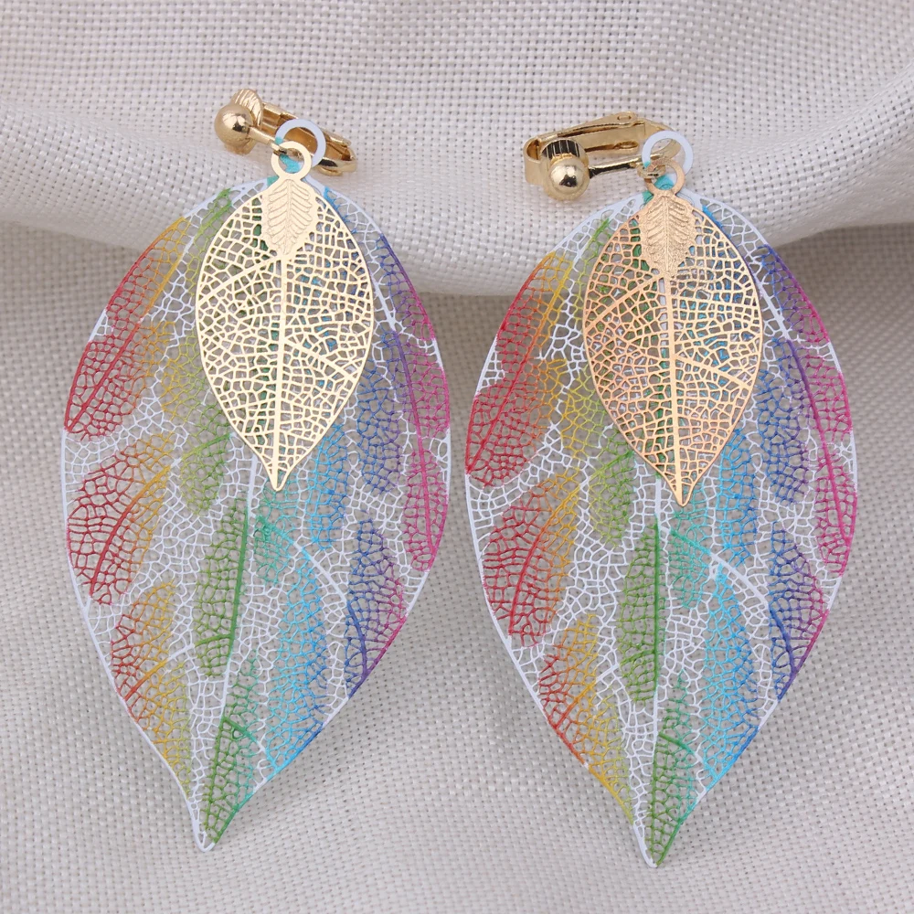 GRACE JUN Colorful Copper Material Double Leaf Clip on Earrings for Women Xmas Earrings