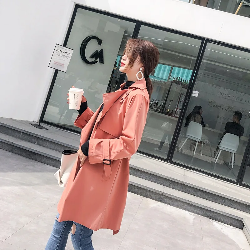

2019 Autumn New Style Korean-style Fashion Loose Versatile Solid Color Bandage Cloth Short-height Mid-length Trench Coat Women's