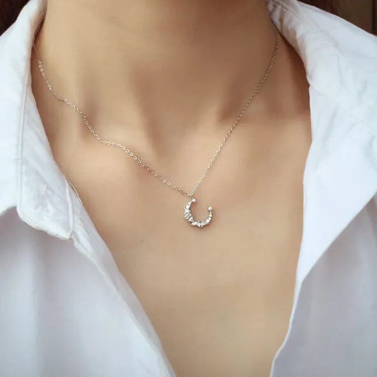 

Shi shang Flash Zirconium Irregular Moon Necklace S925 Fine Silver Fashion Small Fresh Elegant Crescent Choker Accessories Women