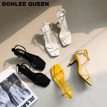 

2020 Fashion Women Sandals Narrow Band Vintage Square Toe High Heels Buckle Strap Gladiator Sandal Women Brand Shoes For Party