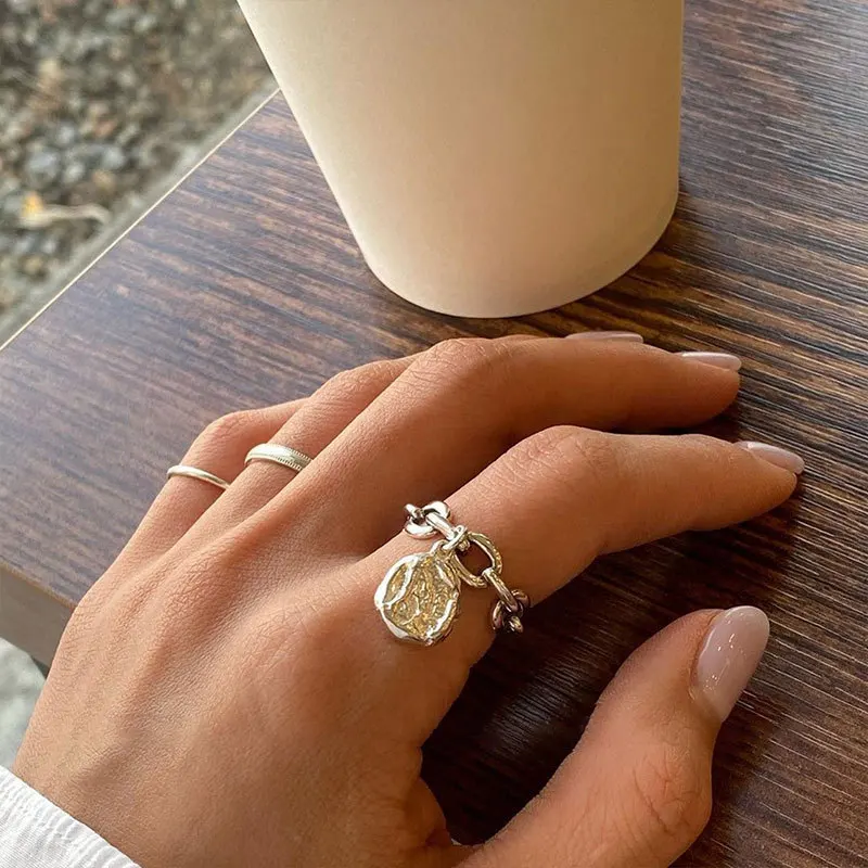 Silver Rings FOXANRY Silver Color Rings Fashion Vintage Couples Simple Hollow Chain Irregular Texture Pendant Party Jewelry for Women