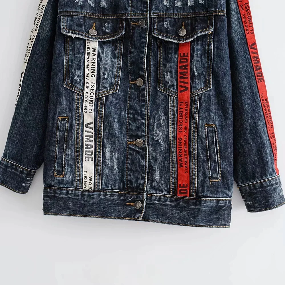 

2019 Spring Hot Sales Hot Selling WOMEN'S Dress Western Style Lettered with Holes Slim Fit Long Sleeve Jeans Coat