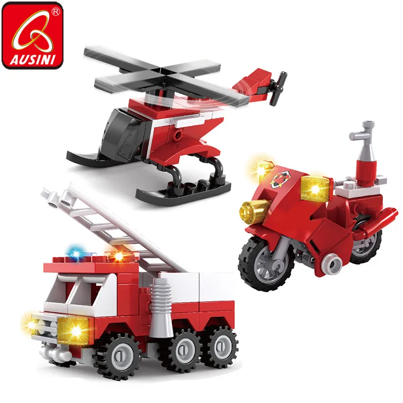 

AUSINI Fire Department Building Blocks Truck Car Motorcycle Helicopter Constructor City Model Toys for Children Fireman Figures