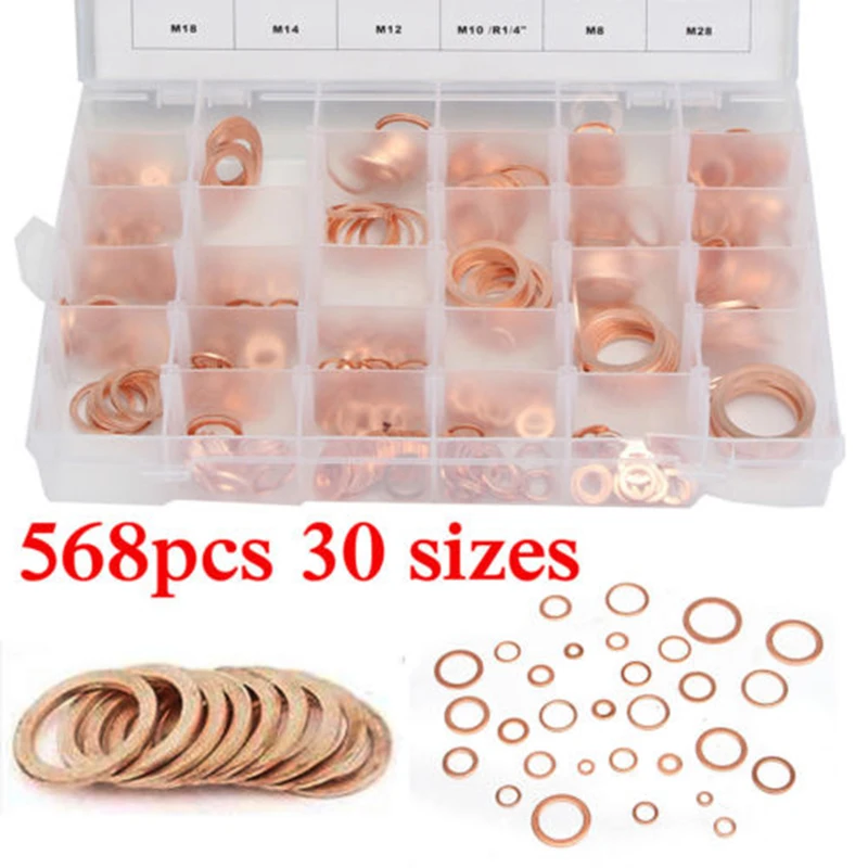 568pcs M5-M28 Solid Copper Washers Sump Plug Washer Assorted Box Kit 30 Sizes Copper Crush Washers Seal Flat Ring Hardware Parts