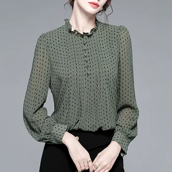 

Spring Autumn Blouse Shirt Women Elegant Long Sleeve Polka Dot Chiffon Vintage Ruffle Office Ladies Fashion Casual Blouse Tops