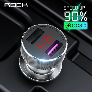

ROCK Car Charger QC 3.0 Quick Charge Dual USB Metal Digital LED Display For iPhone 11 X Xiaomi Samsung Fast Mobile Phone Charger